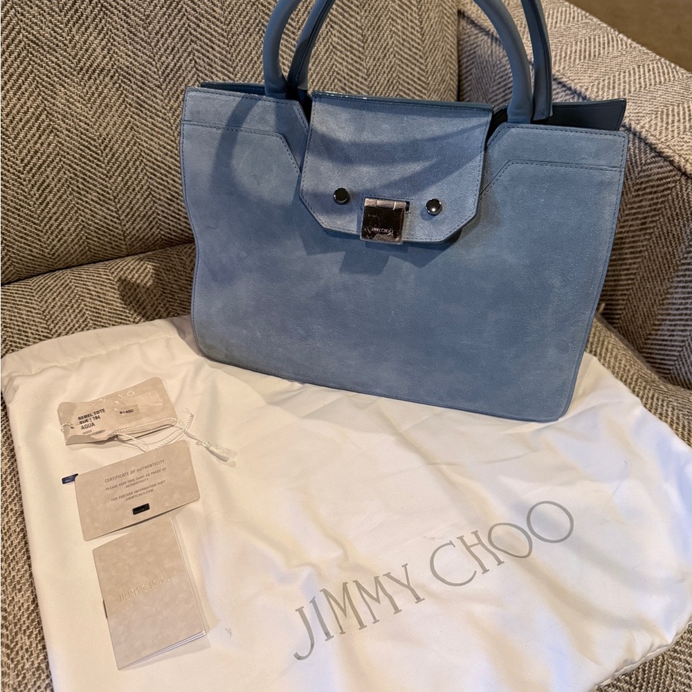 Jimmy Choo Sky Blue Suede Tote - Silver Accents